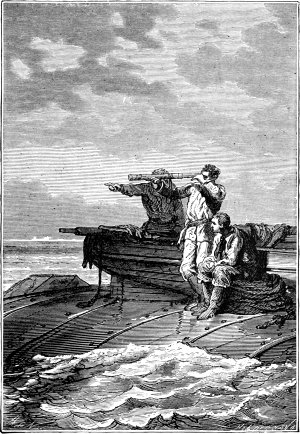 Нед Ленд, указывая рукой на какую-то точку в море, сказал: — Вы ничего не видите, господин профессор? Иллюстрация к роману Жюля Верна «Двадцать тысяч лье под водой». Издание 1875 г.