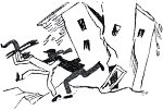 С этими словами Остап кинулся к двери. Ипполит Матвеевич залаял и, подхватив стул, побежал за Остапом. Иллюстрация Михаила Черемных (1928) к роману Ильи Ильфа и Евгения Петрова «Двенадцать стульев» (1927)