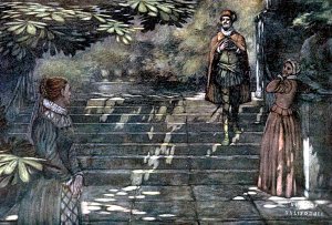 Мальволио. Ха-ха-ха, прекрасная дама! Иллюстрация к пьесе Шекспира «Двенадцатая ночь, или Что угодно». Художник Уильям Хит Робинсон, 1908 г.