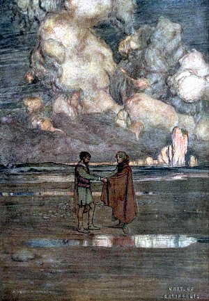 Себастьян. Нет-нет, сударь! Мой путь — это путь скитаний. Иллюстрация к пьесе Шекспира «Двенадцатая ночь, или Что угодно». Художник Уильям Хит Робинсон, 1908 г.