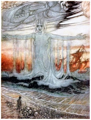 Иллюстрация Артура Рэкхема (1867-1939) к басне Эзопа «Человек, потерпевший крушение, и море»