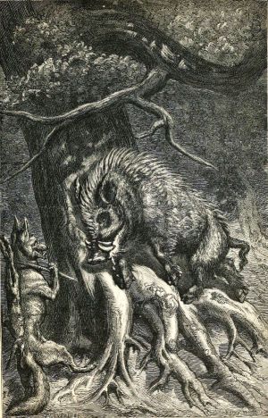Иллюстрация Эрнста Гризета (1869) к басне Эзопа «КАБАН И ЛИСИЦА»