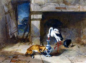Сюжет басни Эзопа «Лиса и журавль» на картине Филиппа Руссо (1816-1887)