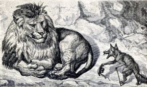 Иллюстрация Эрнста Гризета (1869) к басне Эзопа «ЛИСИЦА И ЛЕВ»