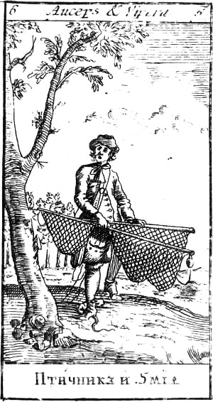 Птичник и Змея. Иллюстрация к басне. Эзоповы притчи. Москва, 1712.