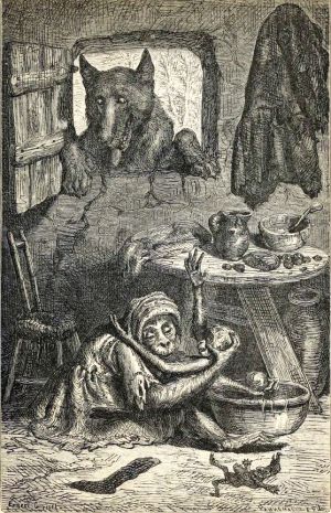 Иллюстрация Эрнста Гризета (1869) к басне Эзопа «Волк и старуха»