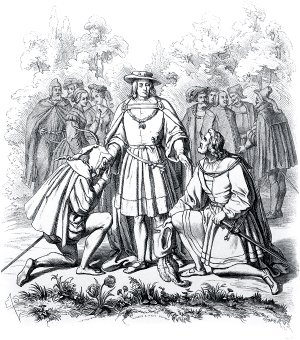 Император, окруженный придворными и фрейлинами. Фауст и Мефистофель, одетые пристойно, без излишеств, преклоняют пред ним колена. Иллюстрация Энгельберта Зейбертца (1813–1905) к «Фаусту» И. В. Гёте (1749-1832)