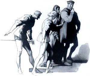 Акт III. Входят король, королева. Иллюстрация Б. А. Дехтерёва к «Трагической истории о Гамлете, принце датском» Уильяма Шекспира