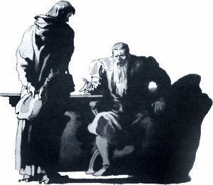Акт II. Полоний и Рейнальдо. Иллюстрация Б. А. Дехтерёва к «Трагической истории о Гамлете, принце датском» Уильяма Шекспира