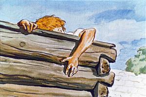 Таким образом, незаметно его голова высовывается наконец над верхним срубом колодца. Иллюстрация И. Архипова к рассказу Н. Г. Гарина-Михайловского «Тёма и Жучка»