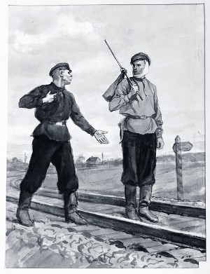 Иллюстрация к рассказу В. М. Гаршина «Сигнал». Б. Г. Коржевский. 1960-е.
