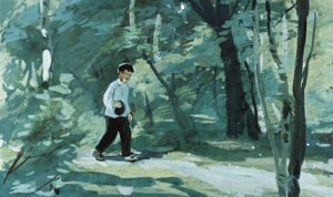 Петька с фуражкой и запрятанным в нее компасом. Иллюстрация А. Самсонова к повести «Дальние страны» Аркадия Гайдара