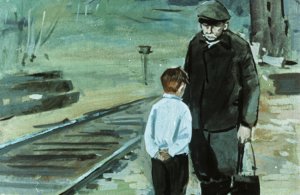 Он съежился, обернулся и увидел Ивана Михайловича. Иллюстрация А. Самсонова к повести «Дальние страны» Аркадия Гайдара