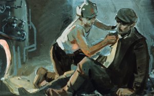 Целых два часа один в бою машиной управлял. И за кочегара, и за машиниста, и со мной возился за лекаря… Иллюстрация А. Самсонова к повести «Дальние страны» Аркадия Гайдара