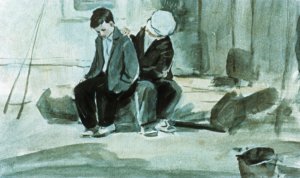 Но когда Васька попытался изобличить его во лжи, то обыкновенно изворотливый Петька не стал даже оправдываться. Он только, усиленно заморгав, отвернулся. Иллюстрация А. Самсонова к повести «Дальние страны» Аркадия Гайдара