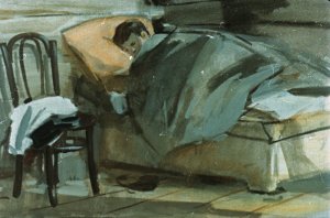 Петька вернулся поздно... отказался от еды и молча залез под одеяло. Иллюстрация А. Самсонова к повести «Дальние страны» Аркадия Гайдара