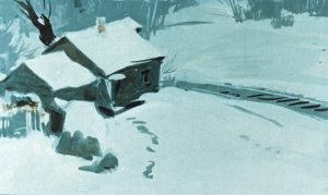 Разъезд маленький. Кругом лес. Заметет зимою, завалит снегом — и высунуться некуда... Иллюстрация А. Самсонова к повести «Дальние страны» Аркадия Гайдара