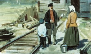 — Ты пойми, Катерина, — доказывал отец, — разве же нам такую будку построят? Это теперь не прежнее время, чтобы для сторожей какие-то собачьи конуры строить. Иллюстрация А. Самсонова к повести «Дальние страны» Аркадия Гайдара