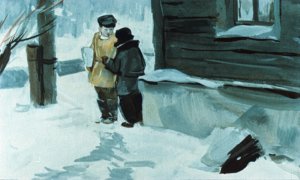 Что это за штуковина у тебя в газету завернута? Иллюстрация А. Самсонова к повести «Дальние страны» Аркадия Гайдара