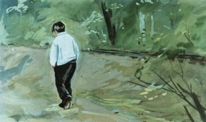 Внезапно Петька остановился. Он стоял долго; на глазах его заблистали слезы. Потом он понуро опустил голову и тихо пошел назад. Иллюстрация А. Самсонова к повести «Дальние страны» Аркадия Гайдара