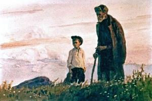 — Пусть лежит на виду, — сказал старик, — и ты посмотришь, Ивашка, что из этого будет. Иллюстрация Ю. Ракутина к сказке «Горячий камень» Аркадия Гайдара