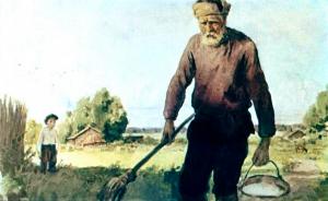 Проходя мимо сада, опечаленный Ивашка опять увидел старика, который, кашляя, часто останавливаясь и передыхая, нес ведро известки, а на плече держал палку с мочальной кистью. Иллюстрация Ю. Ракутина к сказке «Горячий камень» Аркадия Гайдара