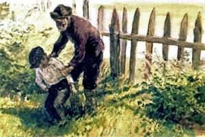 Но, зацепив штаниной за гвоздь ограды, он свалился в колючий крыжовник, оцарапался, взвыл и тут же был сторожем схвачен. Иллюстрация Ю. Ракутина к сказке «Горячий камень» Аркадия Гайдара