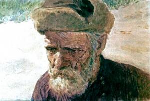 От щеки его через губы пролег кривой рваный шрам. И поэтому, даже когда он улыбался, лицо его казалось печальным и суровым. Иллюстрация Ю. Ракутина к сказке «Горячий камень» Аркадия Гайдара