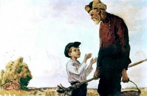 Вот с какими хорошими мыслями подошел к старику благородный Ивашка и прямо объяснил ему, в чем дело. Иллюстрация Ю. Ракутина к сказке «Горячий камень» Аркадия Гайдара