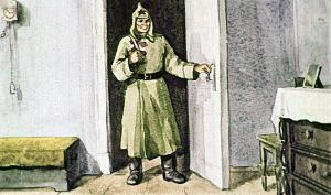 И только бы, только начать собираться, как загремел звонок. И тяжелыми шагами в комнату вошел вернувшийся из похода отец. Лицо его было темное, обветренное, и губы потрескались, но серые глаза глядели весело. Иллюстрация к рассказу Аркадия Гайдара «Поход». Художник Хохловкина Эльза Давидовна, 1962
