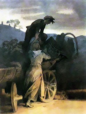 — Бросьте машину! — с внезапной злобой вскрикнул Ефимка. И, вскочив на телегу, одним пинком он сшиб самовар, потом рванул за край машину и сбросил ее на дорогу. Иллюстрация к рассказу Аркадия Гайдара «Пусть светит». Художник Б. Дехтерёв, 1966