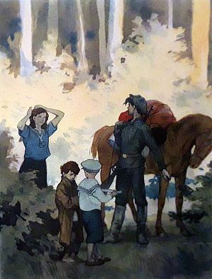 — Здесь, здесь! Никуда не делась, — откликнулась Верка, выбегая из-за куста. Иллюстрация к рассказу Аркадия Гайдара «Пусть светит». Художник Б. Дехтерёв, 1966