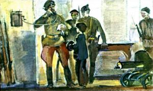«Конечно, армия!.. Он!.. Реввоенсовет!». Иллюстрация Р. Столярова к повести «Р. В. С.» Аркадия Гайдара