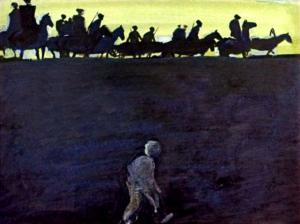 Жиган бежит в город. Иллюстрация Р. Столярова к повести «Р. В. С.» Аркадия Гайдара