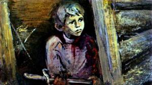 Не заметив ничего подозрительного, он порылся в соломе и извлек оттуда две обоймы патронов, шомпол от винтовки и заржавленный австрийский штык без ножен. Иллюстрация Р. Столярова к повести «Р. В. С.» Аркадия Гайдара