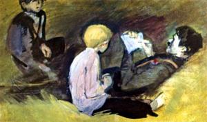 Торопливо вырвал незнакомец листок из книжки. И пока он писал, увидел Димка в левом углу те же три загадочные буквы «Р.В.С.»... Иллюстрация Р. Столярова к повести «Р. В. С.» Аркадия Гайдара