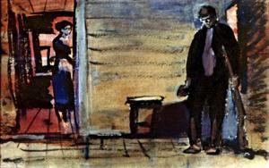 Распахнулась дверь, и в хату вошел вооруженный Головень. Иллюстрация Р. Столярова к повести «Р. В. С.» Аркадия Гайдара