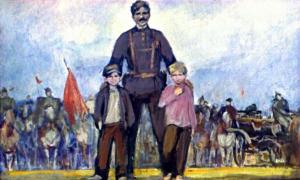 И перед всем отрядом незнакомец крепко пожал руки ребятишкам. Иллюстрация Р. Столярова к повести «Р. В. С.» Аркадия Гайдара