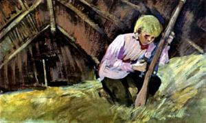 Винтовка оказалась русской. Димка долго вертел ее, осторожно ощупывая и осматривая. «А что, если открыть затвор?». Иллюстрация Р. Столярова к повести «Р. В. С.» Аркадия Гайдара