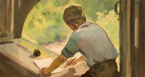 От нечего делать взялся сочинять стихи... Иллюстрация Б. Игнатьева к повести «Судьба барабанщика» Аркадия Гайдара
