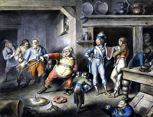 Акварель Иоганна Генриха Рамберга 1829 года, изображающая действие II, сцену IV: Фальстаф играет роль короля.