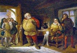Пето, Бардольф и Гедсхил слева; Фальстаф в центре; Хел и Пойнс справа в таверне «Голова кабана». Иллюстрация к «Генриху IV», часть 1, акт 2, сцена 4. Неизвестный художник, около 1840 г.