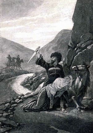 Казбич занес над Бэлой кинжал. Иллюстрация Карла Осиповича Брожа (1836-1901) к роману М. Ю. Лермонтова «Герой нашего времени»