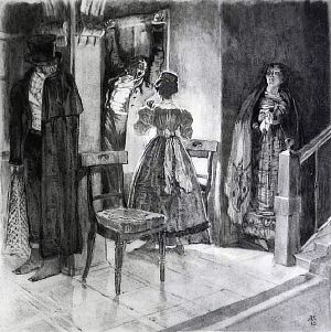 Чацкий, Молчалин, Лиза, София. Иллюстрация Кардовского к комедии Грибоедова «Горе от ума».