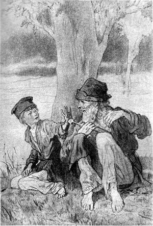 Лёнька вздрогнул и оттолкнул его руку. Иллюстрация к рассказу М. Горького «Дед Архип и Лёнька». Художник Б. Дехтерёв, 1958