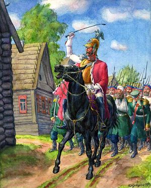 По деревне ехал царь с войны... Иллюстрация к поэме М. Горького «Девушка и Смерть». Художник К. Б. Кустодиев