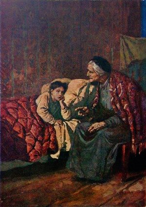 С той поры Фома всегда засыпал под бархатные звуки голоса старухи, рисовавшего пред ним волшебную жизнь. Иллюстрация В. А. Серова к повести М. Горького «Фома Гордеев»
