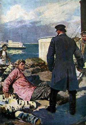 Фома видел, как отец взмахнул рукой, — раздался какой-то лязг, и матрос тяжело упал на дрова. Иллюстрация В. А. Серова к повести М. Горького «Фома Гордеев»