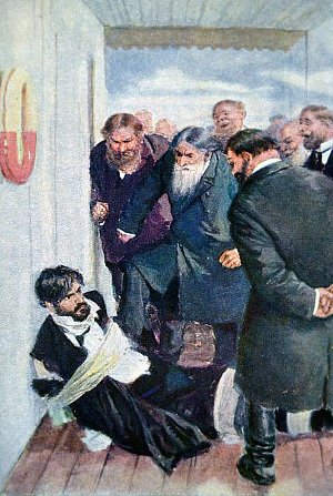 Избиение купцами Фомы Гордеева. Теперь настала очередь издеваться над ним. Начал Зубов. Он подошел к нему, потолкал его ногою в бок и сладким голосом, весь вздрагивая от наслаждения мстить, спросил: — Что, пророк громоподобный, ась? Ну-ка, восчувствуй сладость плена вавилонского, xe-xe-xe! Иллюстрация В. А. Серова к повести М. Горького «Фома Гордеев»
