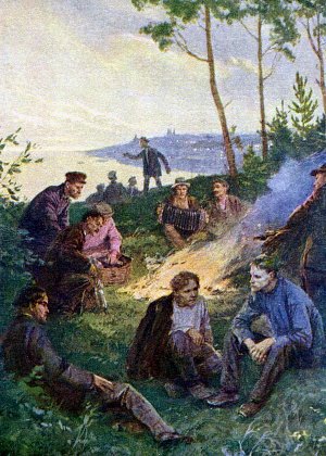 Фома и наборщики. Он лег в сторонке, под кустом орешника, и следил за всеми, чувствуя себя чужим в компании... Иллюстрация В. А. Серова к повести М. Горького «Фома Гордеев»